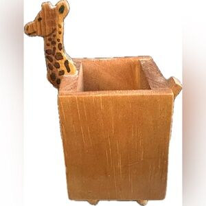 Handmade Hand Carved & Painted Wood Giraffe Desk Pen Pencil Holder Planter OOAK